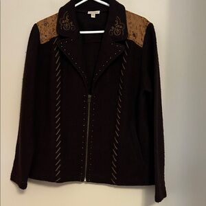 Venario brown wool jacket with tan print patches and laces zip front size XL